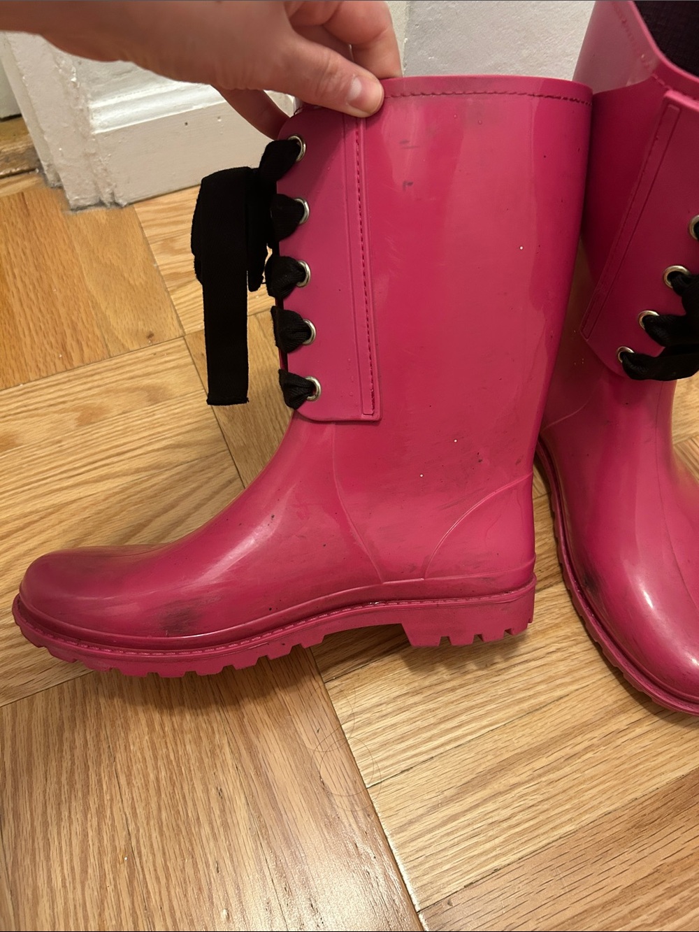 RED Valentino Hot Pink Lace-Up Rain Boots - Picture 7 of 16
